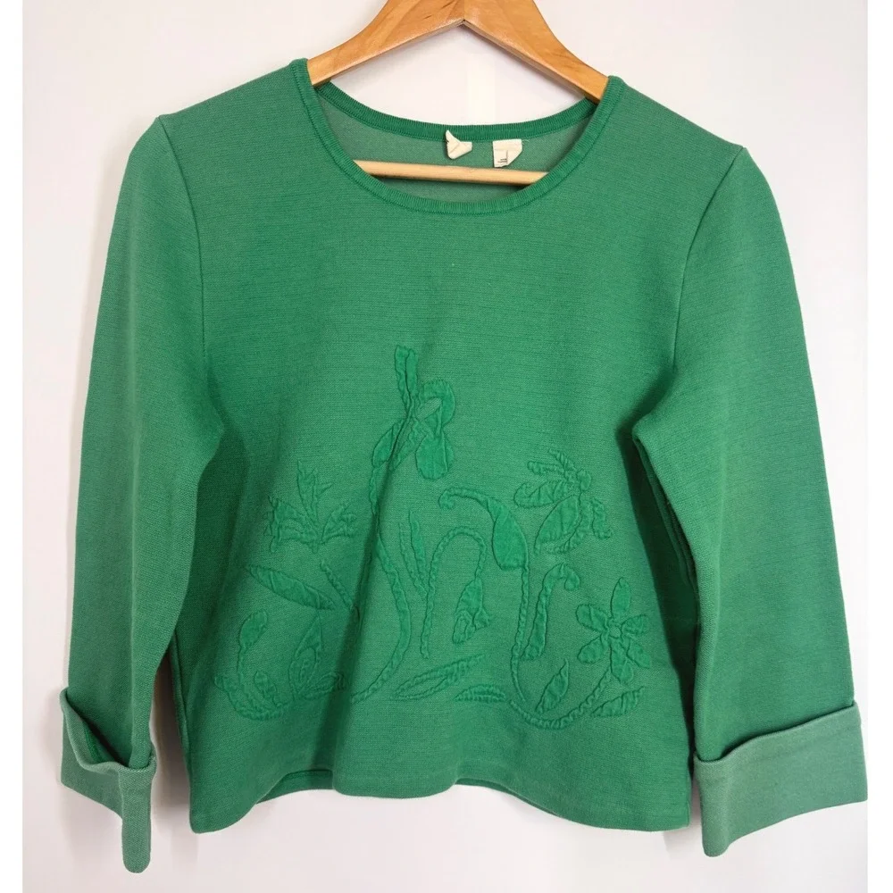 Moth Anthropologie Kelly Green Floral Embossed Cotton Blend Sweater‎ Size S Top